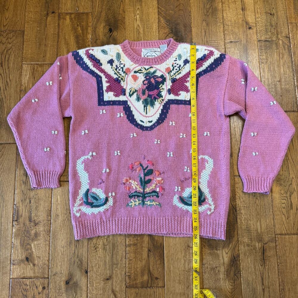 VTG Nuggets Hand Knit Sweater Floral Butterfly Crewneck Grandma Cottagecore Sz L - Picture 3 of 6